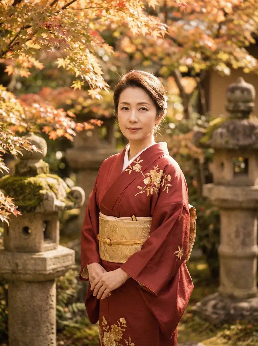 一位身穿暗红色和服的优雅 杏彩体育平台 在日式庭院中